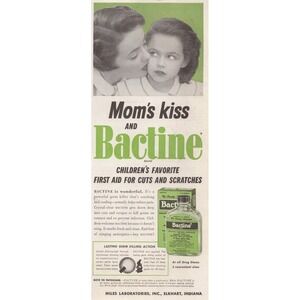 1955 Bactine Antiseptic Print Ad Children's First Aid Moms Kiss MCM Bath Decor